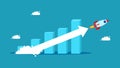 Compound interest growth. Investment grows. Bar graph with arrows following a flying rocket Royalty Free Stock Photo