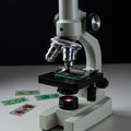 A compound microscope sits on a flat surface, showcasing three objective lenses