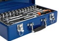 Comprehensive blue tool set with wrenches, ratchets, and sockets in a portable metal box Royalty Free Stock Photo