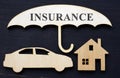 Comprehensive car and home insurance. Wooden umbrella and models