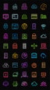 Neon Linear Technology and Information Systems Icon Set on Black Background Royalty Free Stock Photo
