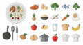 Healthy Food, Cooking Ingredients, and Kitchen Utensils Icon Set Royalty Free Stock Photo