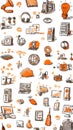 Hand Drawn Technology and Information Icons Set in Orange and Black Sketch Style Royalty Free Stock Photo