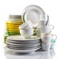 Assorted White and Yellow Ceramic Dinnerware with Green Accents on White Background tableware Royalty Free Stock Photo