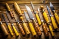 A Comprehensive Collection of Woodworking Knives YellowHandled Precision Tools for Every Carpentry Task on a Rustic Royalty Free Stock Photo