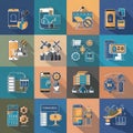 Comprehensive Data Analytics Icon Set: Flat Dual-Color Symbols for Security, Mining, Network, and Monitoring.