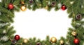 Christmas Holiday Decorative Frame with Green Pine Branches Red Gold Baubles Pinecones Twinkling Lights Royalty Free Stock Photo