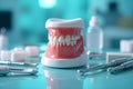 Comprehensive Dentistry Education Toolkit Dental Model Instruments and Teal Surface for Practical Learning Royalty Free Stock Photo