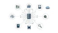 Central Data Server with Distributed Connectivity to Documents, Cloud, Media, and Search Icons Royalty Free Stock Photo