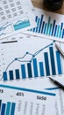 Comprehensive financial data analysis desk with blue and white bar graphs and numerical data. Royalty Free Stock Photo