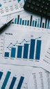 Comprehensive financial data analysis desk with blue and white bar graphs and numerical data. Royalty Free Stock Photo