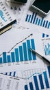Comprehensive financial data analysis desk with blue and white bar graphs and numerical data. Royalty Free Stock Photo