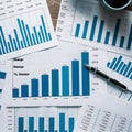 Comprehensive financial data analysis desk with blue and white bar graphs and numerical data. Royalty Free Stock Photo