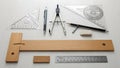 Essential Drafting and Geometry Tools Flat Lay on White Royalty Free Stock Photo