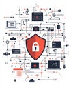 A Comprehensive Overview of Cybersecurity Concepts Featuring a Red Shield Surrounded by Protective Icons Royalty Free Stock Photo