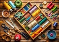 A Comprehensive Quilting and Sewing Kit Essential Accessories on a Rustic Wooden Table for Creative Projects Royalty Free Stock Photo