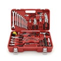 Comprehensive red plastic toolkit with various hand tools and accessories Royalty Free Stock Photo