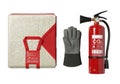 Essential safety gear fire blanket gloves and co2 extinguisher for workplace protection Royalty Free Stock Photo