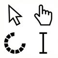 A comprehensive set of computer interface cursors including the classic arrow, a pointing hand, a loading waiting wheel Royalty Free Stock Photo