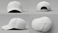 A comprehensive set of four views showing a blank white baseball cap from the front, back, side, and top angles against a gray Royalty Free Stock Photo