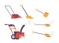Comprehensive Set Of Snow Removal Tools And Equipment, Including Shovels, Snow Blower, And Salt Spreader
