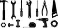 Collection of Essential Hand Tools and Hardware Silhouettes Royalty Free Stock Photo