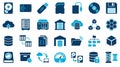 A comprehensive vector icon set illustrating various digital data storage, cloud computing, and server infrastructure solutions Royalty Free Stock Photo