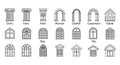 Architectural Elements Line Icons Set: Columns, Arches, Windows, and Roof Styles Royalty Free Stock Photo
