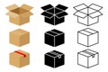 Cardboard box shipping icon set, flat parcel and silhouette package vector, delivery service, storage, and e-commerce packaging. Royalty Free Stock Photo