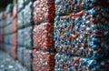 Compressed aluminum cans stacked in rows at recycling facility. Blue, red, silver crushed cans form dense bales, indicating Royalty Free Stock Photo