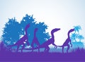 Compsognathus Dinosaurs silhouettes in prehistoric environment overlapping layers; decorative background banner abstract vector il Royalty Free Stock Photo