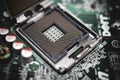 Comptuer processor and motherboard, microchip details close view. Hi-tech innovation background Royalty Free Stock Photo