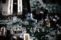 Comptuer processor and motherboard, microchip details close view. Hi-tech innovation background Royalty Free Stock Photo