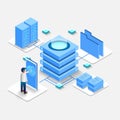Computation of big data center, information processing, database. internet traffic routing, server room rack isometric vector Royalty Free Stock Photo