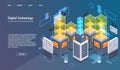 Computation of big data center, information processing, database. internet traffic routing, server room rack isometric vector Royalty Free Stock Photo