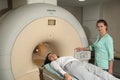 Computed tomography lab.Computerized Axial Tomography CAT. Young woman having an magnetic resonance imaging.