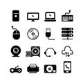 Computer accessories line icon set. Contain scanner, printer, mouse, keyboard, web cam, speaker, router, modem, game pad, flash di