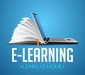 Computer as book knowledge base concept - laptop as elearning idea - stay at home and learn without going to school