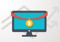 Computer with award medal, flat style icon. Vector illustration.