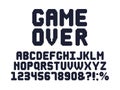 Computer 8 bit game font. Retro video games pixel alphabet, 80s gaming typography design and pixels letters vector set Royalty Free Stock Photo