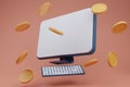Computer with blank display and coins stack, digital wallet. Shopping mobile app, gold arrows coinsCashback and banking,money-