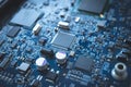 Computer board chip circuit cpu core blue technology background Royalty Free Stock Photo