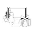 Computer with boxing gloves and gift box, flat design Royalty Free Stock Photo