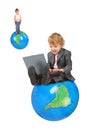 Computer boy on big globe and girl on globe