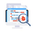 Computer bug detection. Bug error notification. System error warning. Testing software. Magnifier searching malware Royalty Free Stock Photo