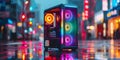 Computer case with colorful lights blurred background of buildings digital art rendering. Concept Royalty Free Stock Photo