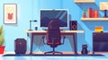 Computer and cat in a workplace. Boy or girl teen interior room furniture with desk, monitor, poster, goblet and Royalty Free Stock Photo