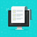 Computer and checklist vector illustration, flat cartoon pc monitor with long paper document and to do list with