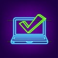 Computer with checkmark. Neon icon. Approved choice. Accept or approve checkmark. Vector illustration