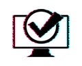 Computer with checkmark or tick notification in bubble. Approved choice. Accept or approve checkmark. Glitch icon